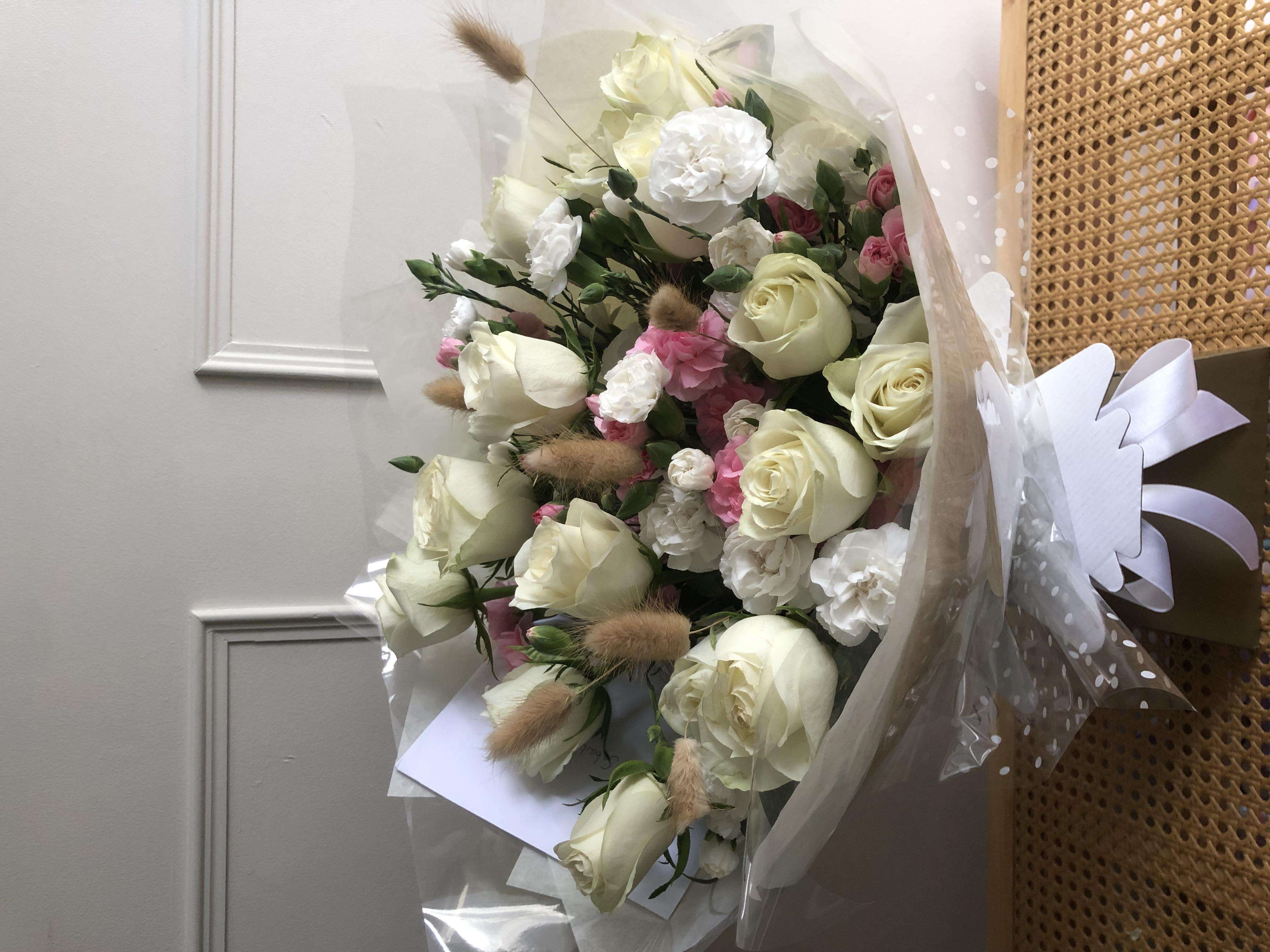 Elegant Rose and Carnation Bouquet with Pampas Grass