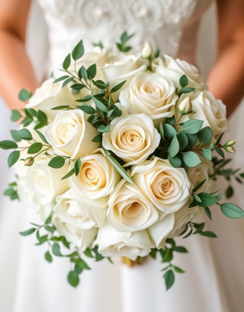 Elegant wedding bouquet with white roses and greenery